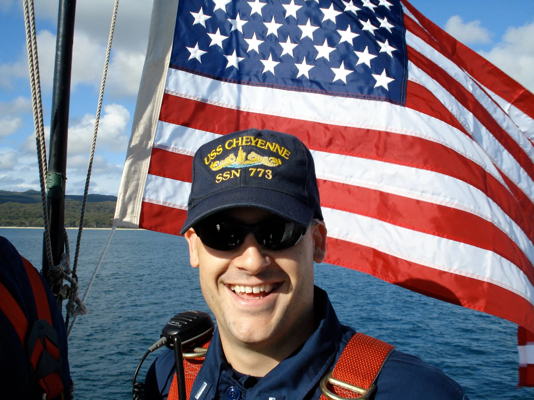 Nick on the bridge of USS CHEYENNE SSN-773 pulling into Pearl Harbor, 2006