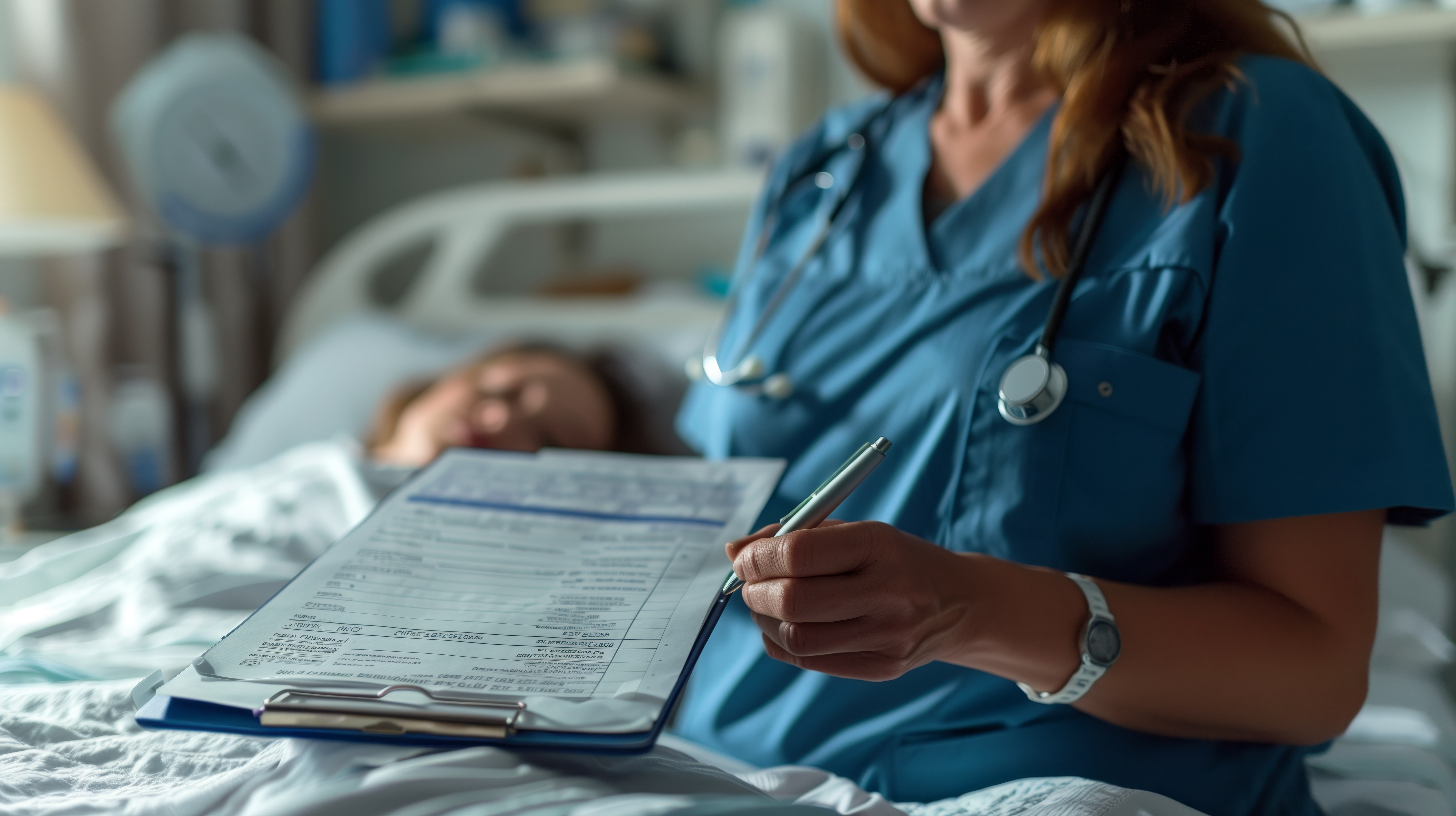 nurse with clipboard and patient